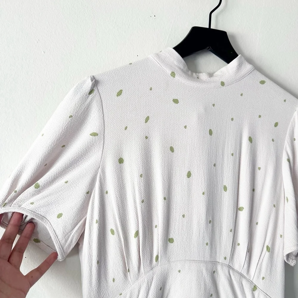 Free People x Revolve Abbie Mini Dress Cream Green Dot Bow Tie Puff Sleeve Size - Picture 5 of 12